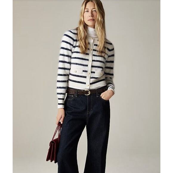 NWT J.Crew Brushed Cashmere Cropped Fitted Cardigan Sweater Sz S Stripe #3G508 - Picture 1 of 11